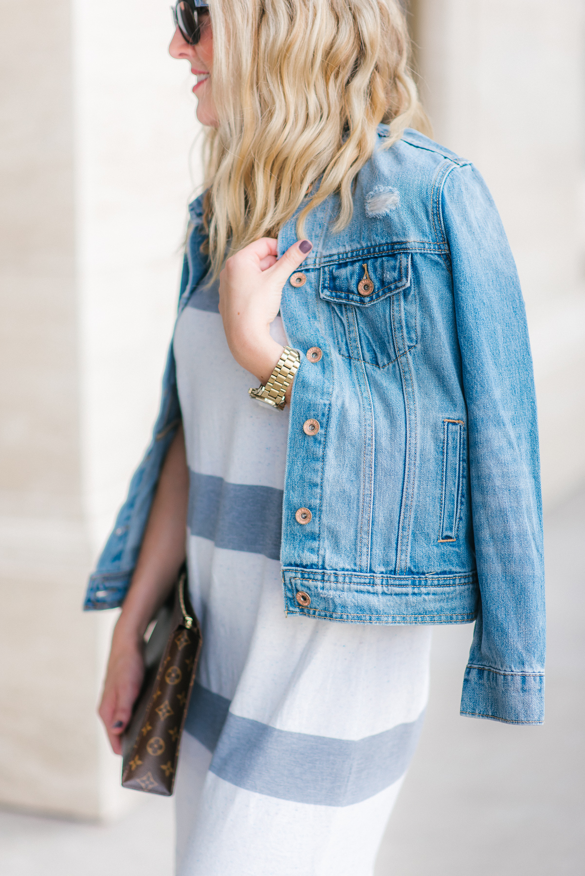 wearing a distressed jean jacket from Old Navy for the fall